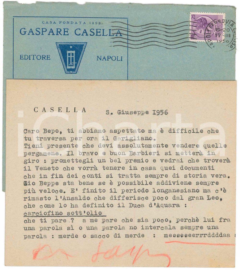 Autografo originale 1956 NAPOLI Biglietto Gaspare CASELLA su una vendita di pergamene  Autografo 1
