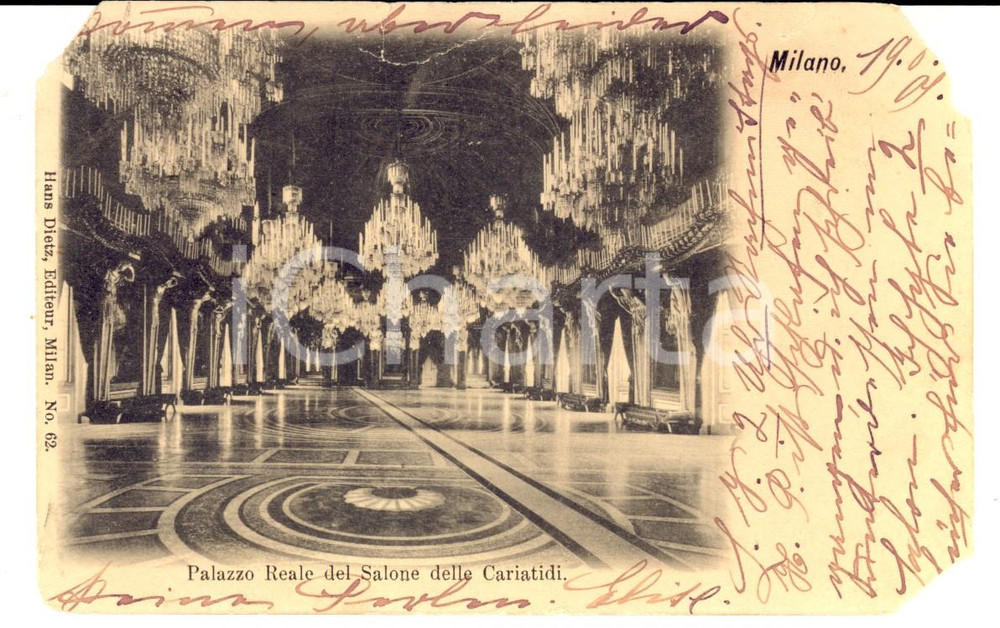 Autografo originale 1901 MILANO Palazzo Reale  Salone Cariatidi Cartolina a Viola CATTANEO BELFORTE 1