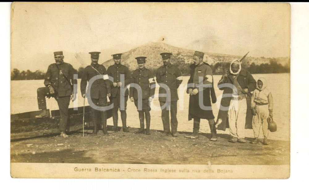 Cartolina originale da collezione 1912 GUERRA BALCANICA Croce Rossa Inglese sulla riva della Bojana *Cartolina FP 1