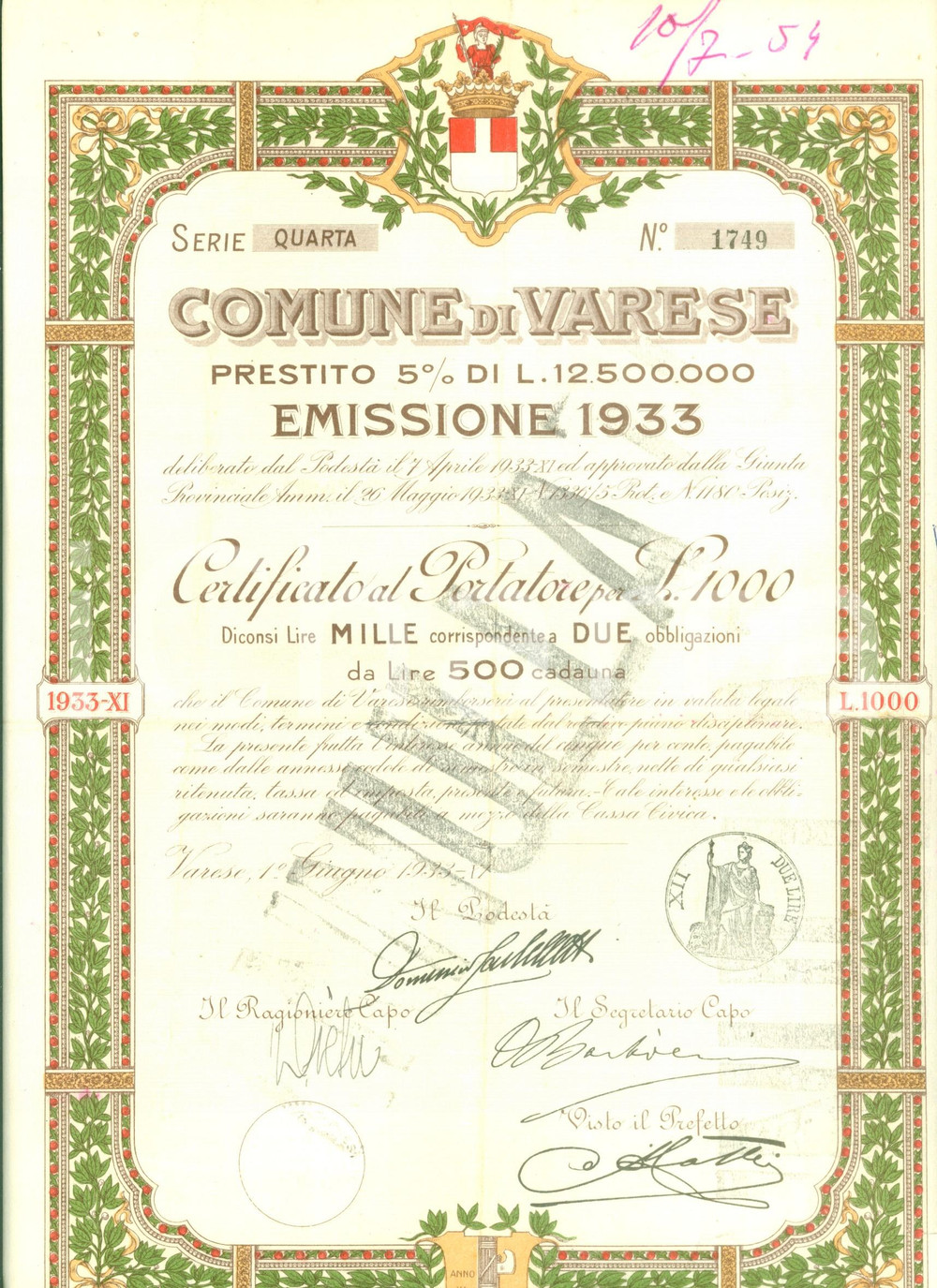 Oggetto da collezione cartaceo 1933 VARESE Prestito 5% Certificato al portatore ANNULLATO con 9 cedole 1