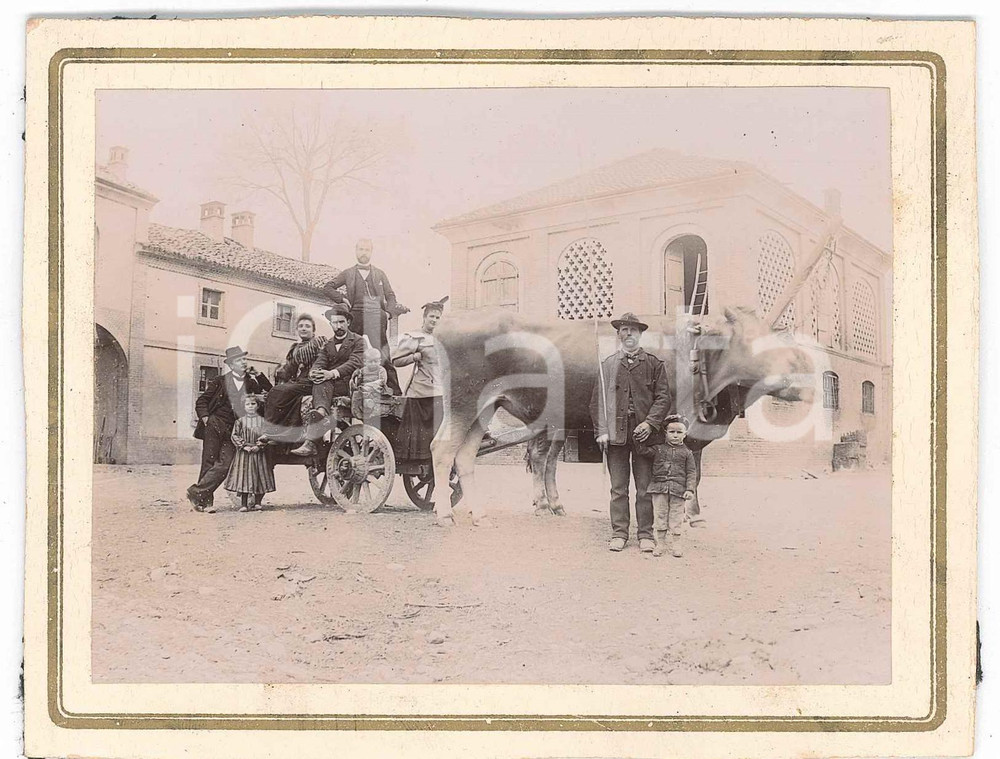 1910 ca ITALIA Famiglia in cascina con buoi e carretto - Foto VINTAGE 13x10 cm  Fotografia d'epoca, su cartoncino rigido.  FAIR/discreto residui cartacei al verso Formato: 13x10 cm originale e autentica 1
