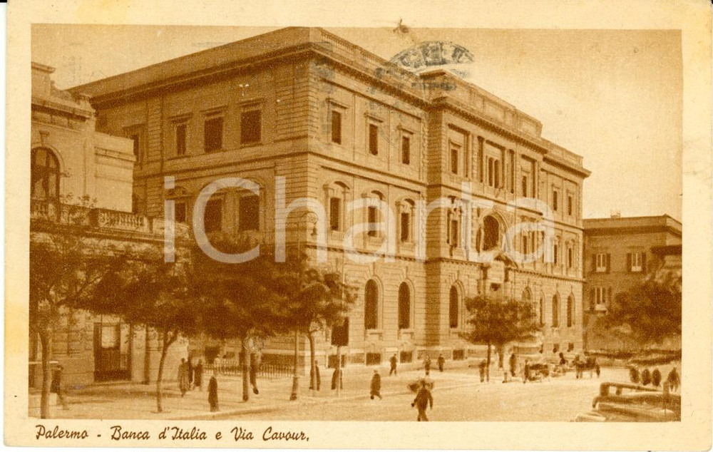 Cartolina originale da collezione 1940 PALERMO Banca d'Italia e Via CAVOUR *Cartolina ANIMATA FP VG 1