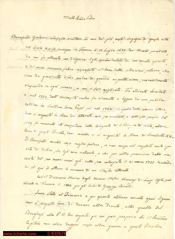 Documento originale, autentico 1857 SANTA MARIA IN VADO FERRARA Manoscritto su GIROLAMO BARUFFALDI 1