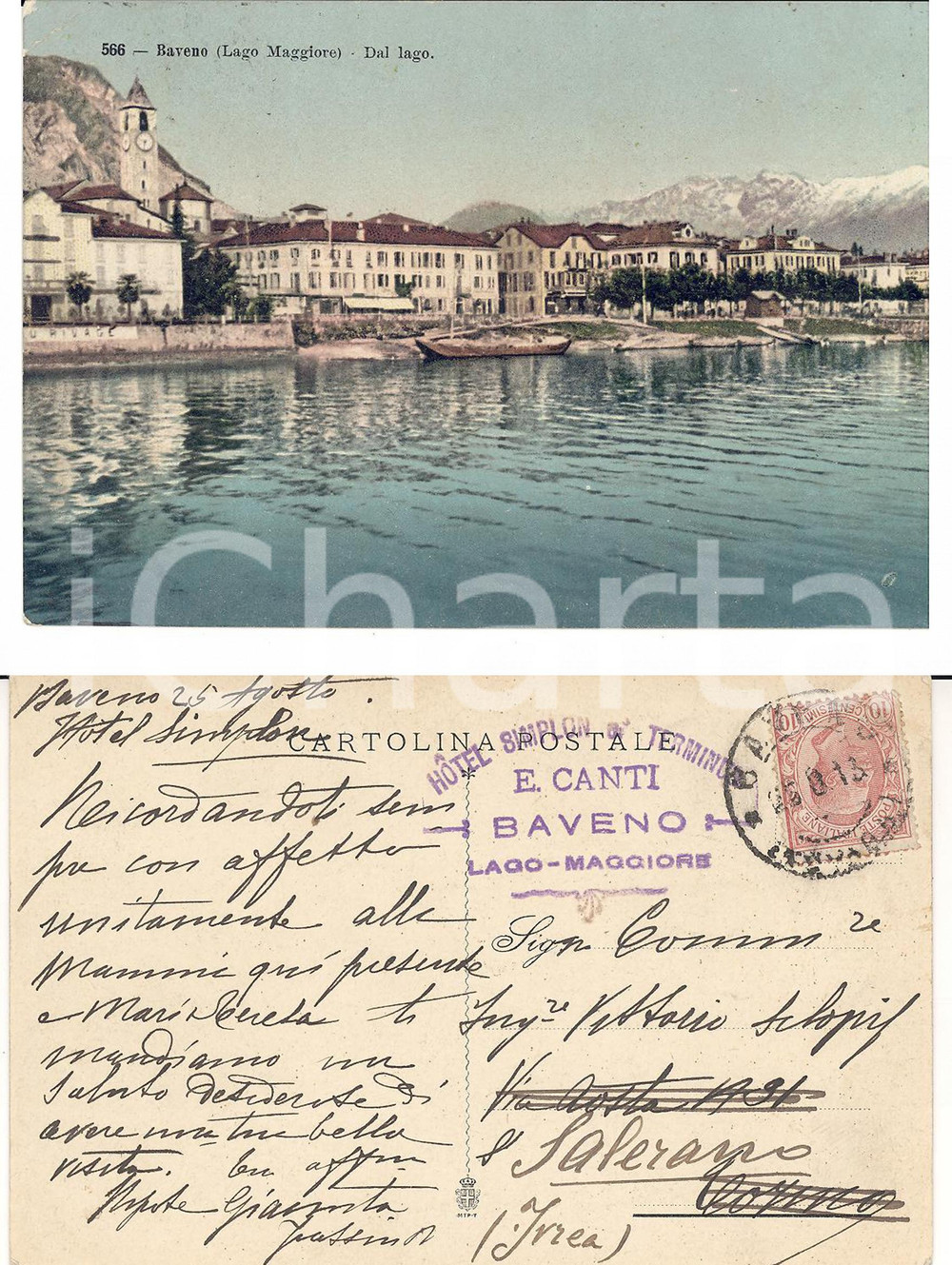 Cartolina originale da collezione 1913 BAVENO VB Veduta dal lago Giacinta FASSINO allo zio Vittorio SCLOPIS 1