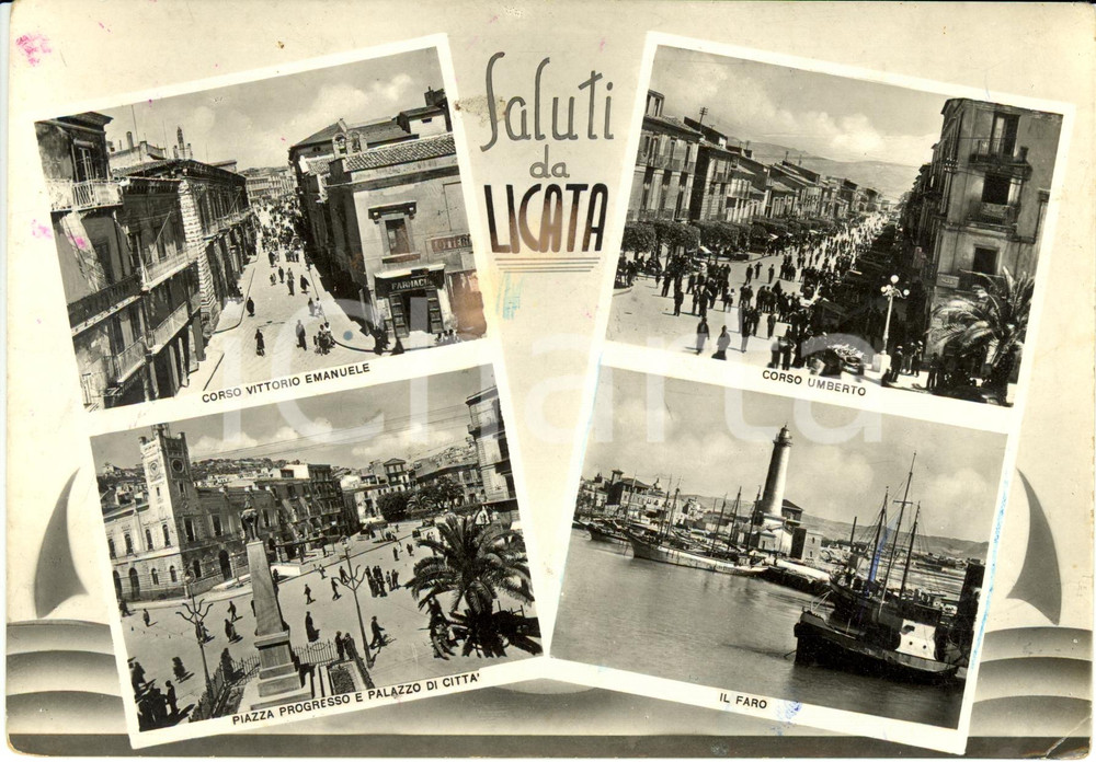 Cartolina originale da collezione 1955 ca LICATA (AG) Vedutine con piazza PROGRESSO faro *Cartolina ANIMATA FG VG 1