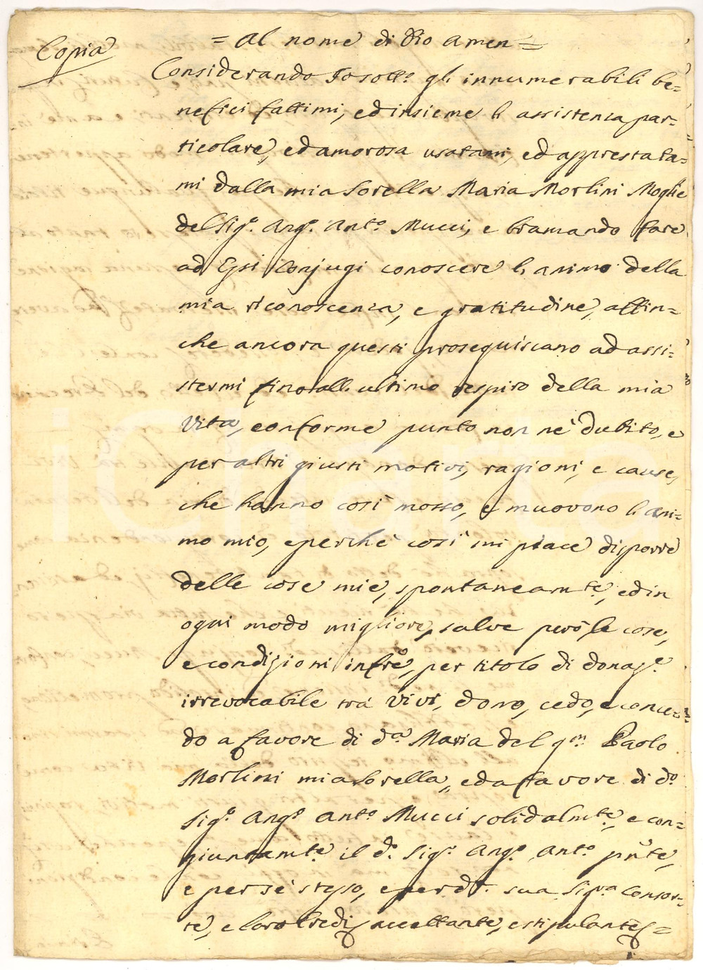 Manoscritto, lettera originale 1777 FOLIGNO PG Luca MORLINI dona i beni alla sorella 1