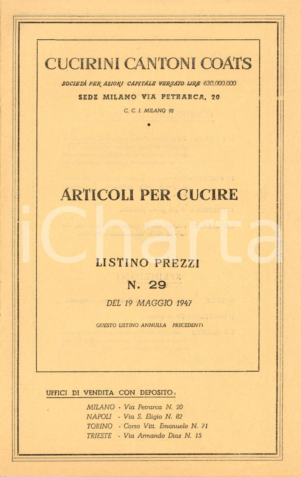 Materiale pubblicitario d’epoca 1947 MILANO SocietÃ  CUCIRINI CANTONI COATS Articoli per cucire *Listino prezzi 1