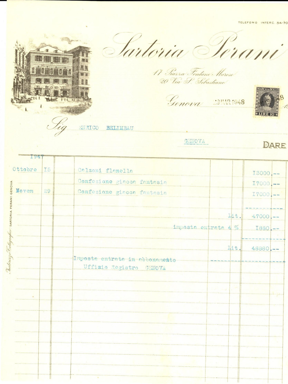 Documento originale, autentico 1948 GENOVA Sartoria PERANI Fattura intestata per calzoni e giacca 1