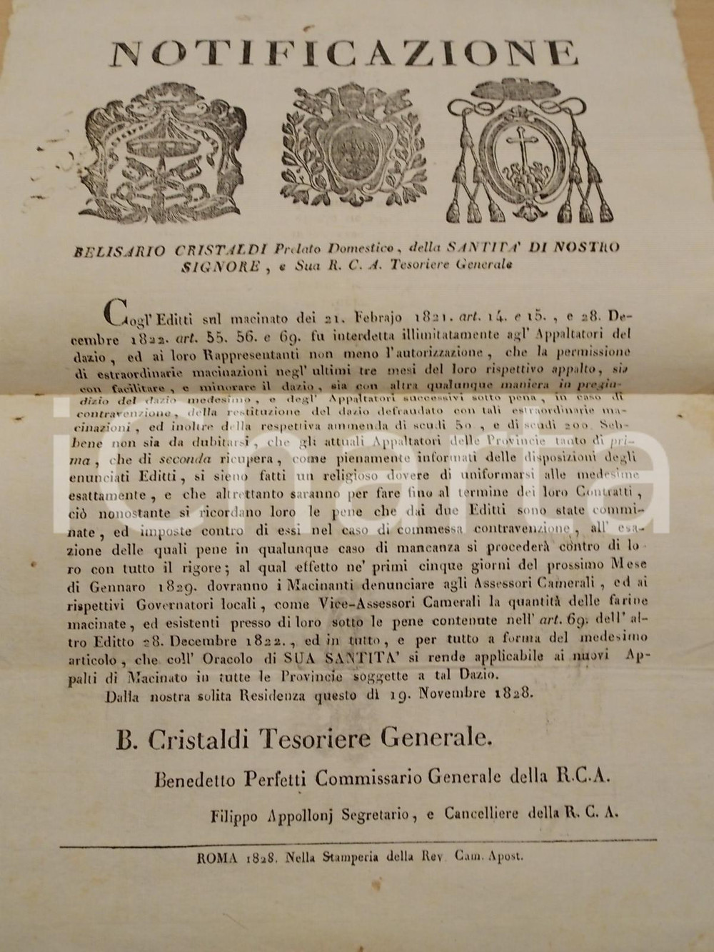 Documento originale, autentico 1828 ROMA STATO PONTIFICIO Obbligo di denuncia farine macinate Manifesto 30x40 1