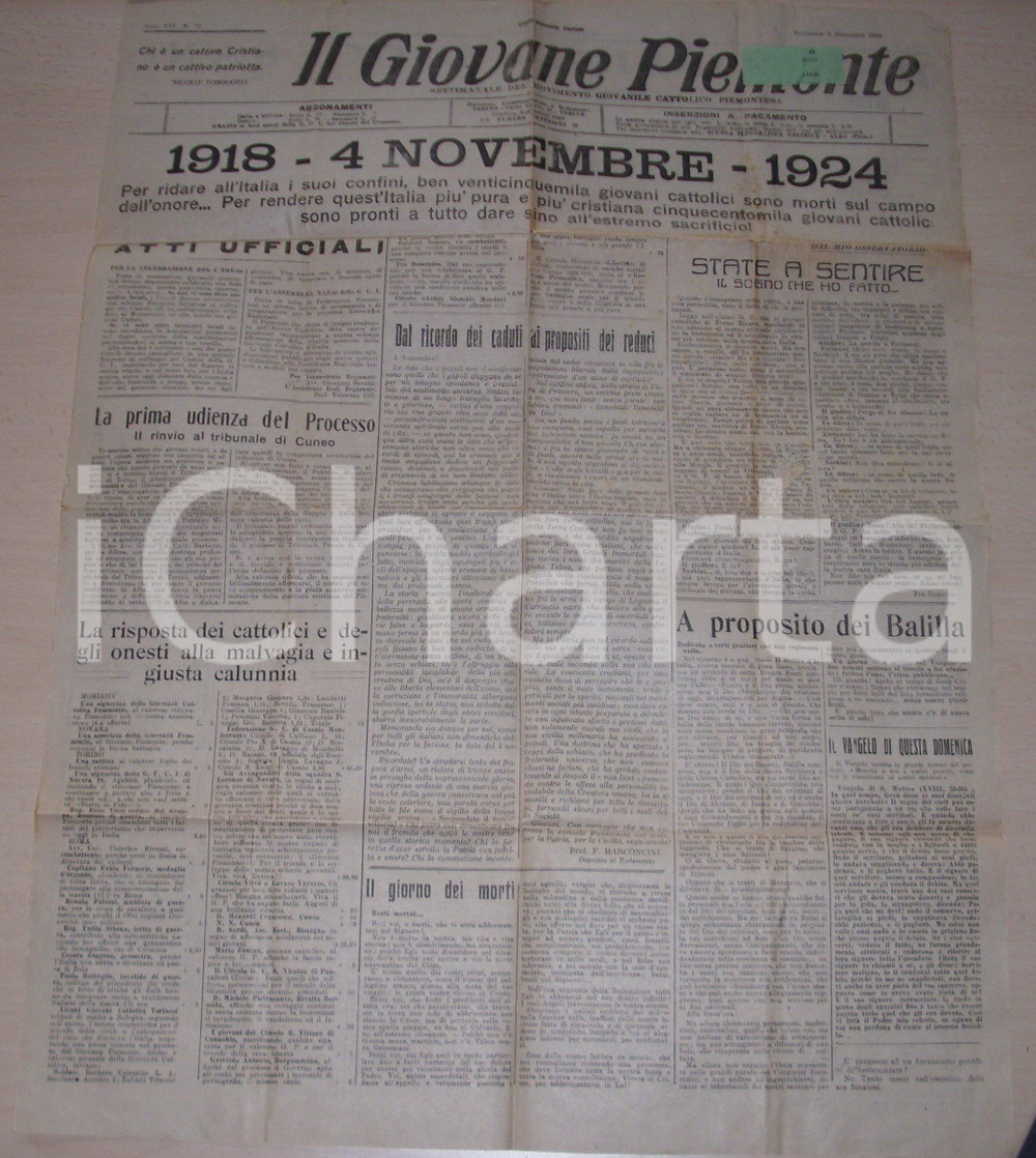 Giornale, rivista storica 1924 IL GIOVANE PIEMONTE Quinto anniversario armistizio 1