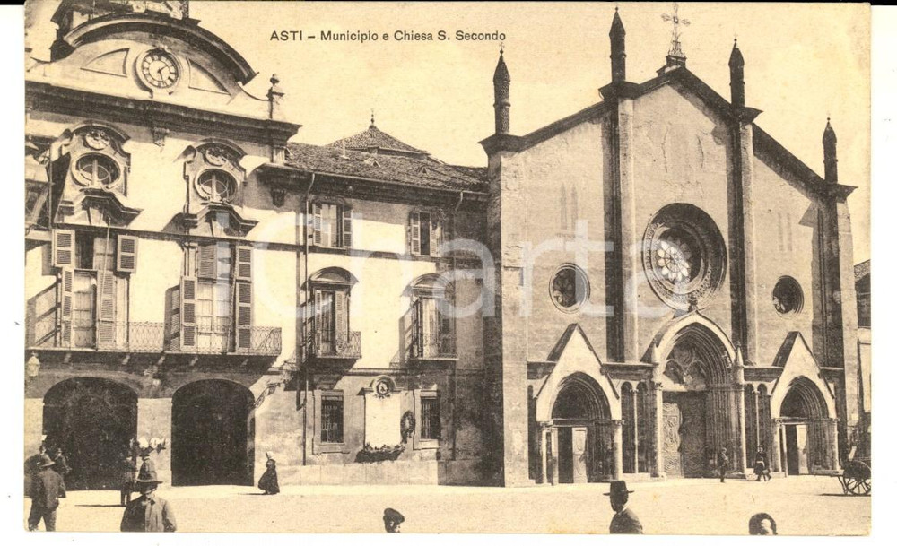 Cartolina originale da collezione 1915 ASTI Municipio e chiesa SAN SECONDO *Cartolina ANIMATA FP VG 1