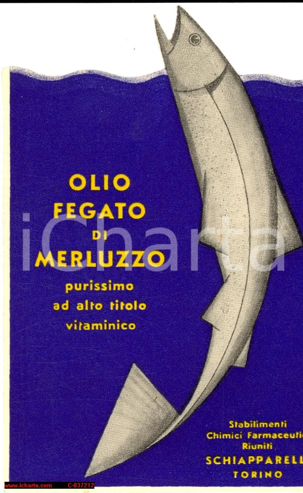 Materiale pubblicitario d’epoca 1950 circa TORINO Olio fegato di merluzzo SCHIAPPARELLI 1