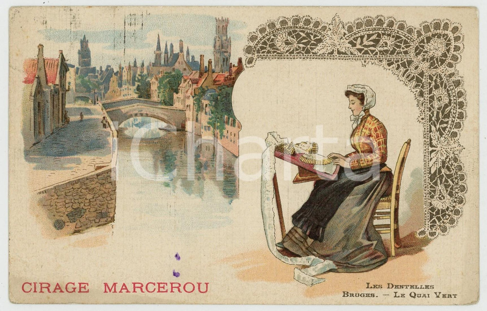 1909 LES DENTELLES - BRUGES - Le Quai Vert - Postcard CIRAGE MARCEROU Cartolina postale originale d'epoca, pubblicitaria, viaggiata. FAIR/discreto lievi piegature angolari e piccole macchie; lieve impressione dell'inchiostro al verso Formato: 14x9 cm originale e autentica 1