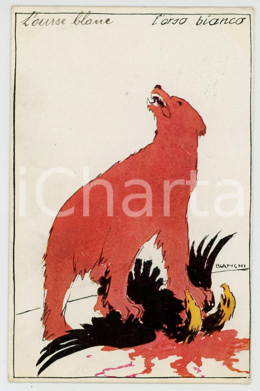 1914 WW1 ITALIA Artista Alberto BIANCHI - L'orso bianco - Cartolina PROPAGANDA  Cartolina postale d'epoca, viaggiata, di propaganda bellica (l'orso russo uccide l'aquila austriaca).Timbro pubblicitario al verso dell'Hotel Savoie di Napoli.CONDIZIONI: GFORMATO: FP    originale e autentica 1