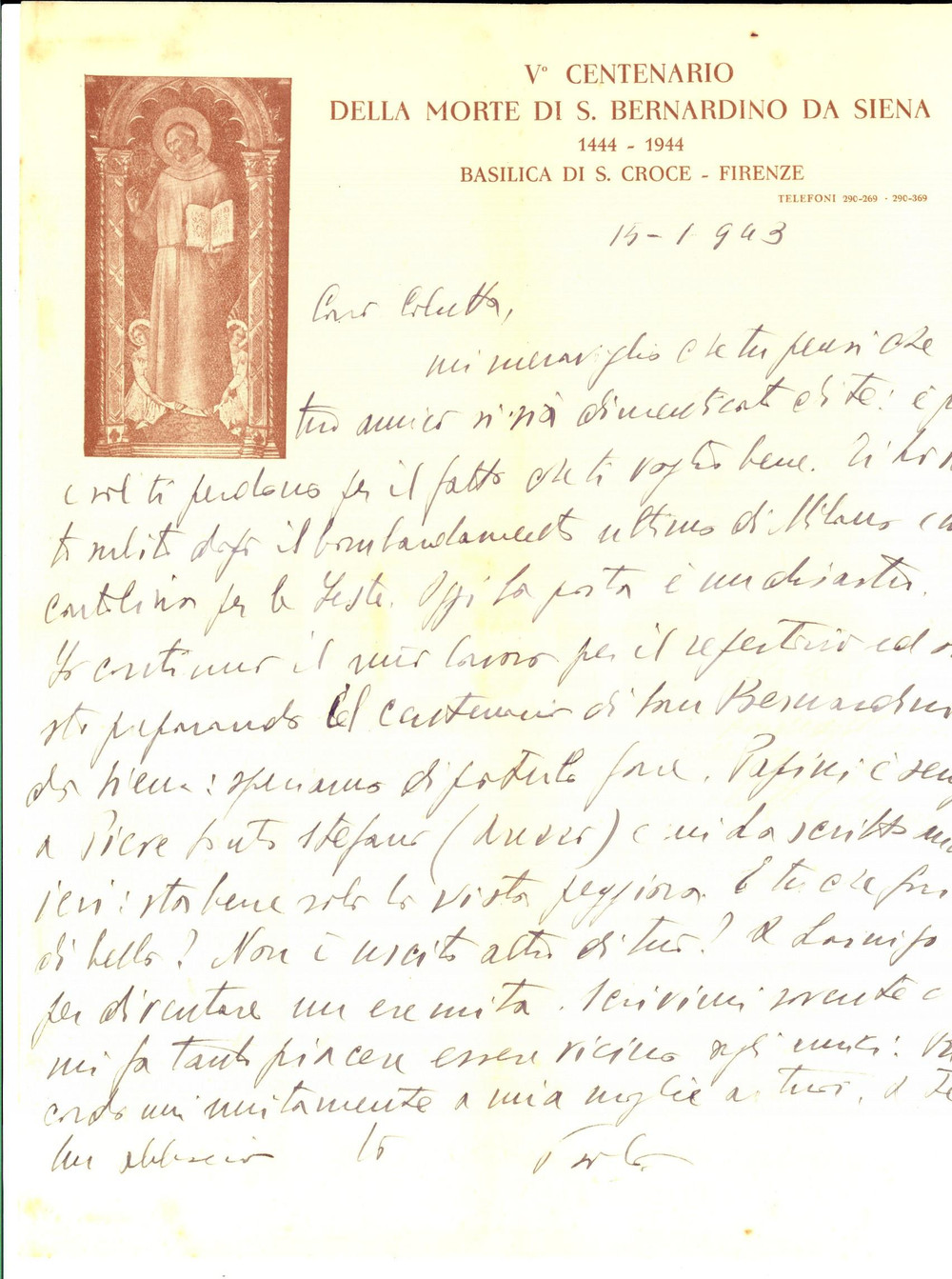 Autografo originale 1943 FIRENZE SANTA CROCE Paolo CHERUBELLI prepara centenario SAN BERNARDINO 1