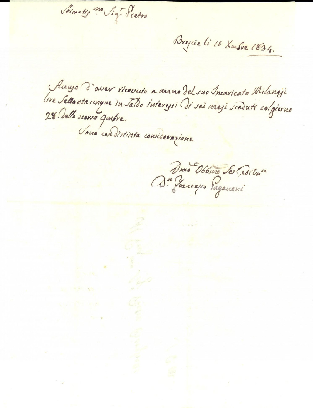 Manoscritto, lettera originale 1834 BRESCIA Don Francesco PAGANONI riceve interessi su capitale Documento 1