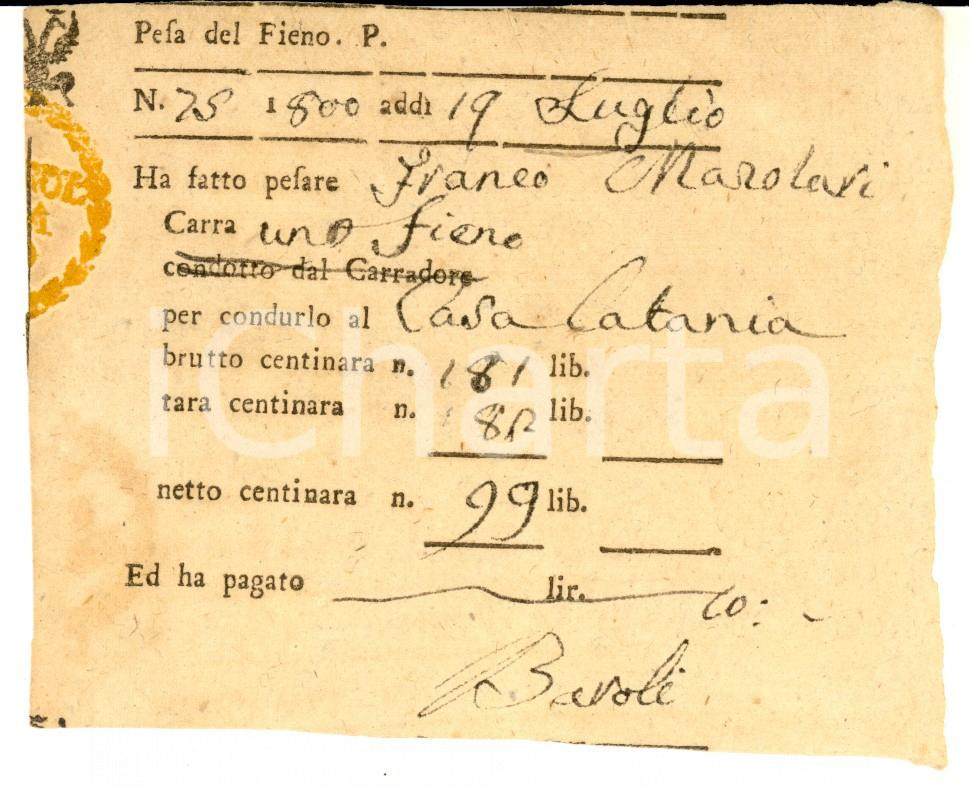 Documento originale, autentico 1800 CREMONA ?  Ricevuta pesa del fieno per Franco MAROLARI 1