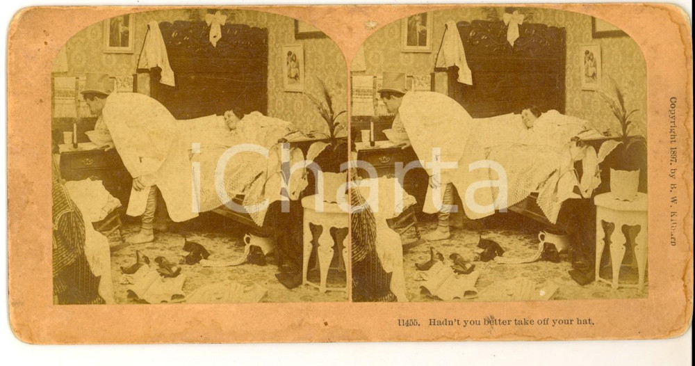 Fotografia d epoca originale 1897 USA Hadn t you better take off your hat KILBURN Comic stereoview 1