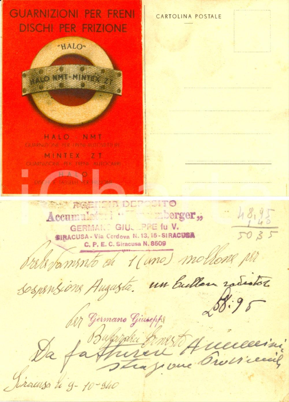 Cartolina originale da collezione 1940 SIRACUSA HALO guarnizioni per freni agente GIUSEPPE GERMANO Cartolina FG 1