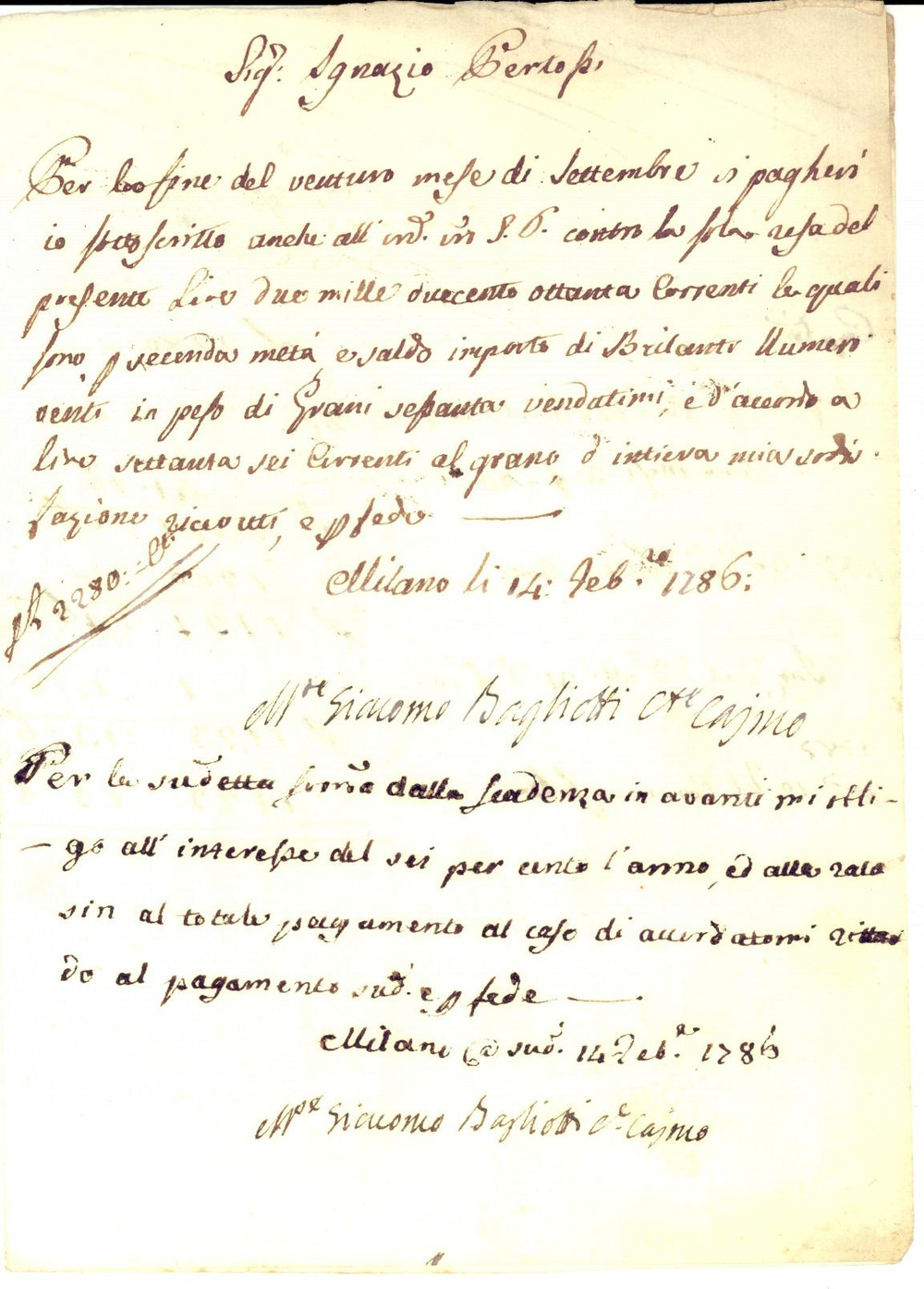 Documento originale, autentico 1786 MILANO Nobile Giacomo BAGLIOTTI CAIMI promette pagamento brillanti 1