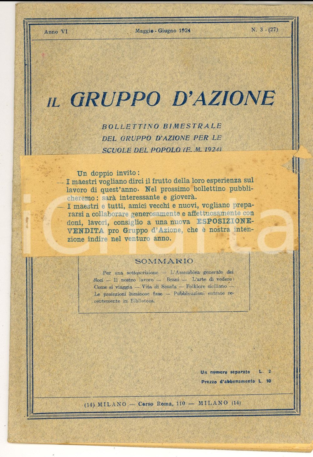 Giornale, rivista storica 1924 MILANO IL GRUPPO D'AZIONE Lavoro per le scuole del popolo -  Anno VI nÂ°3 1