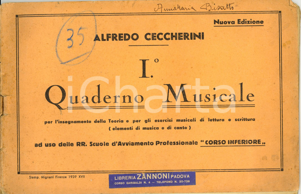 Libro, pubblicazione d epoca 1939 Alfredo CECCHERINI I quaderno musicale Corso inferiore SCUOLE D AVVIAMENTO 1