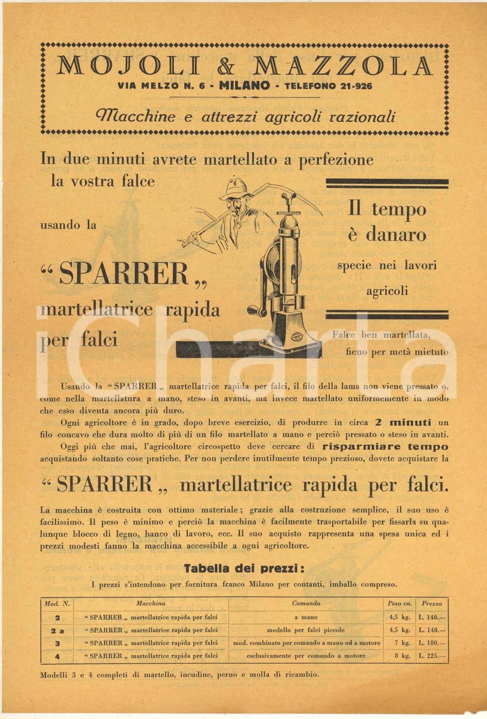 Materiale pubblicitario d’epoca 1930 ca MILANO Ditta MOJOLI & MAZZOLA Martellatrice SPARRER per falci Illustrato 1