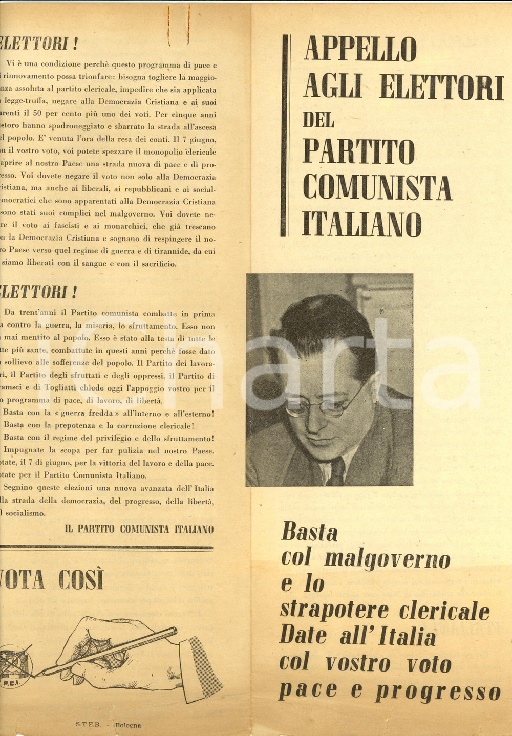 Materiale pubblicitario d’epoca 1953 BOLOGNA PROPAGANDA POLITICA Elettori PCI mobilitati contro DC Legge truffa 1