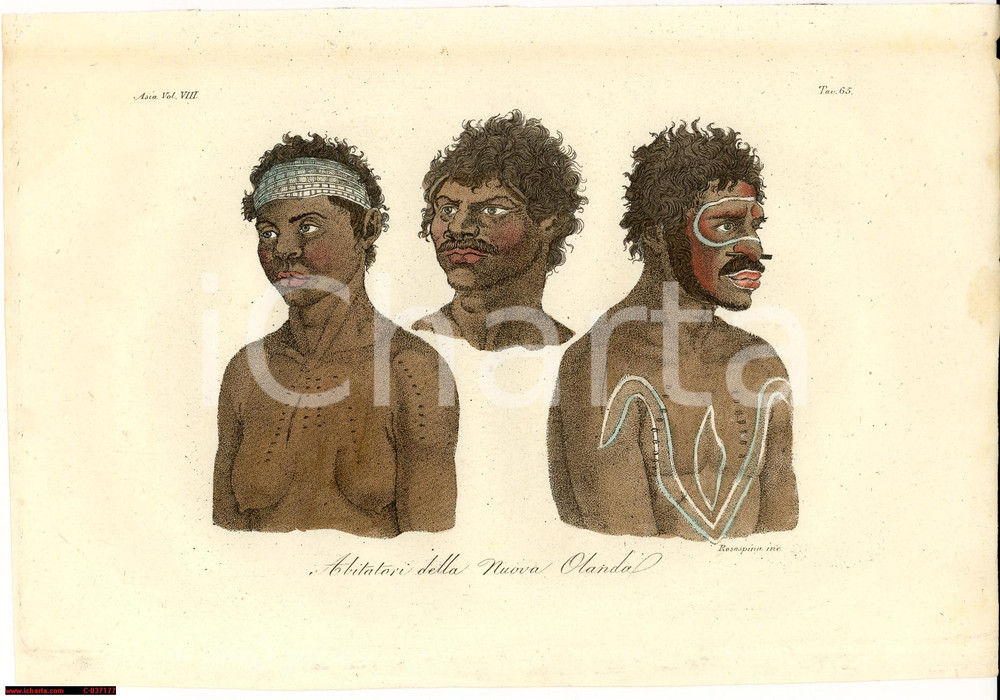 Stampa, bozzetto originale 1823 COSTUMI OCEANIA Abitatori della NUOVA OLANDA Inc. ROSASPINA Colorata a mano 1