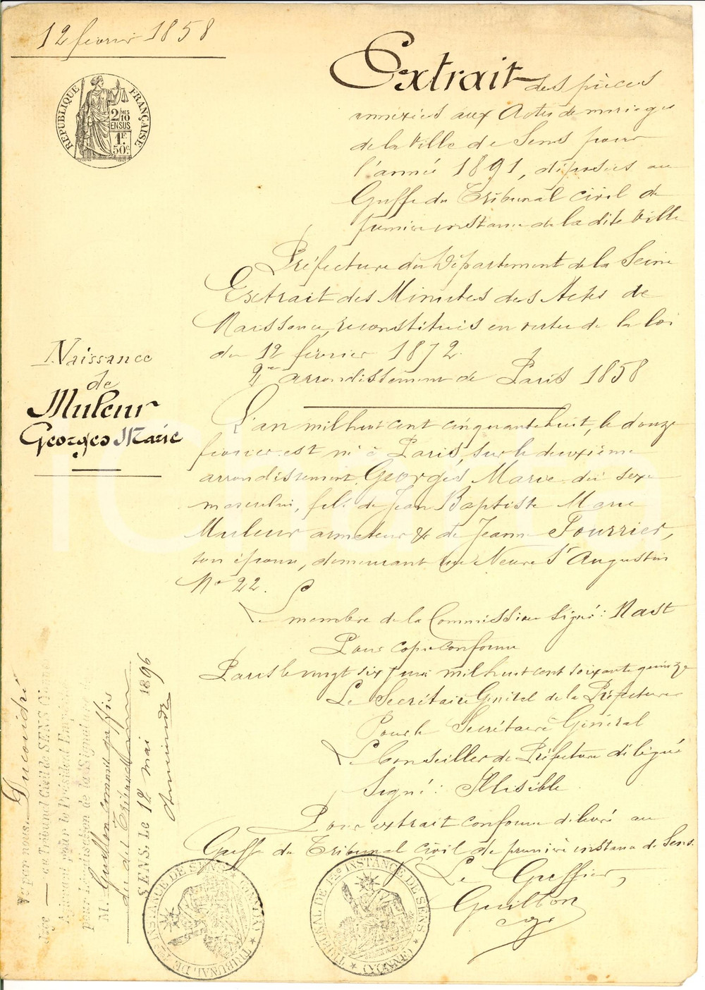 Documento originale, autentico 1858 SENS (YONNE) Naissance de Georges Marie MULEUR 1