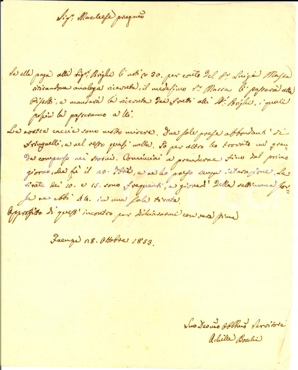 Manoscritto, lettera originale 1853 FAENZA RA Achille BOSCHI e le misere cacce ai fringuelli Prefilatelica 1