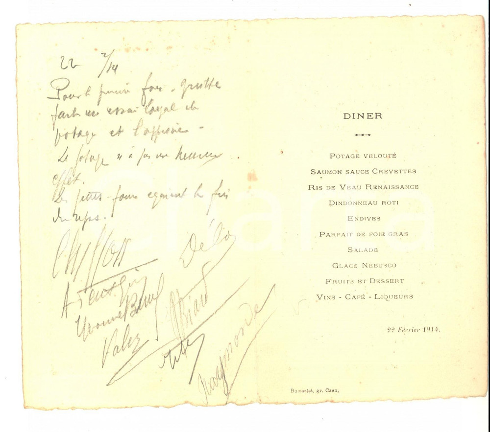 Oggetto da collezione cartaceo 1914 CAEN F Menù per una cena con firme dei commensali VINTAGE 1