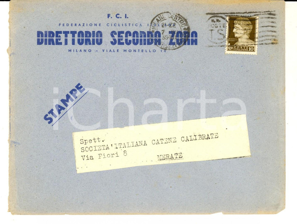 Materiale pubblicitario d’epoca 1939 MILANO STORIA POSTALE Busta Federazione CICLISTICA Italiana Seconda zona 1