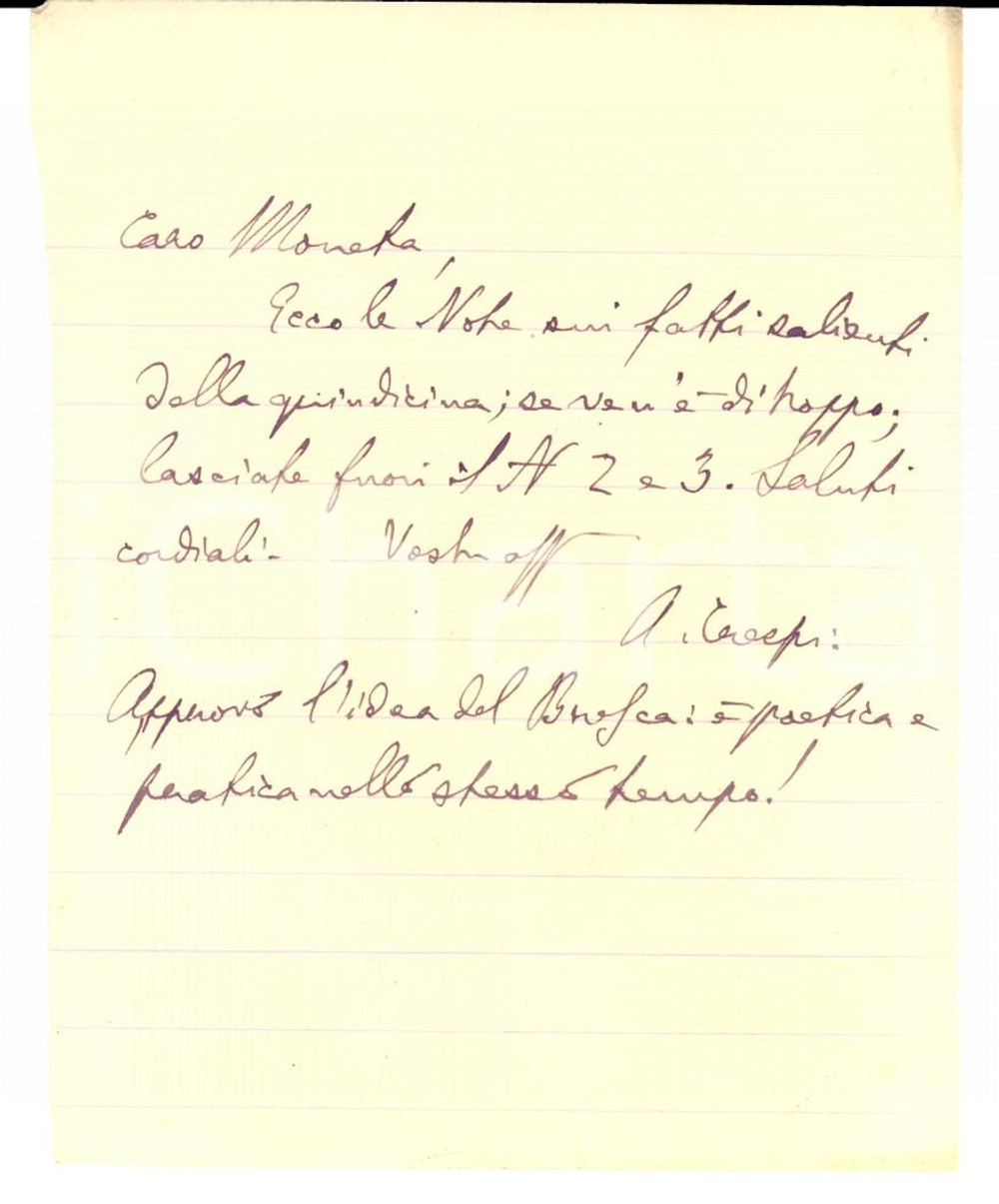 Autografo originale 1900 ca LA VITA INTERNAZIONALE Angelo CRESPI a Ernesto Teodoro MONETA *Autografo 1