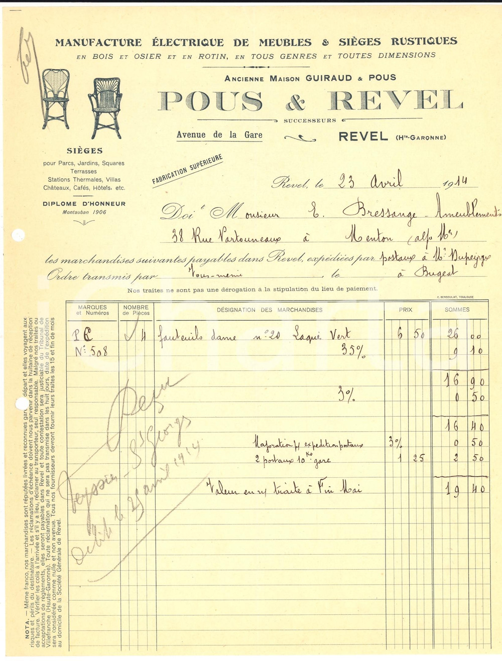 Manoscritto, lettera originale 1914 REVEL F Manufacture Electrique POUS & REVEL 1