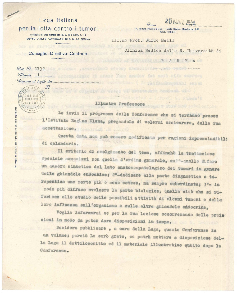 Autografo originale 1938 ROMA LILT Lettera prof. Raffaele BASTIANELLI per conferenze AUTOGRAFO 1