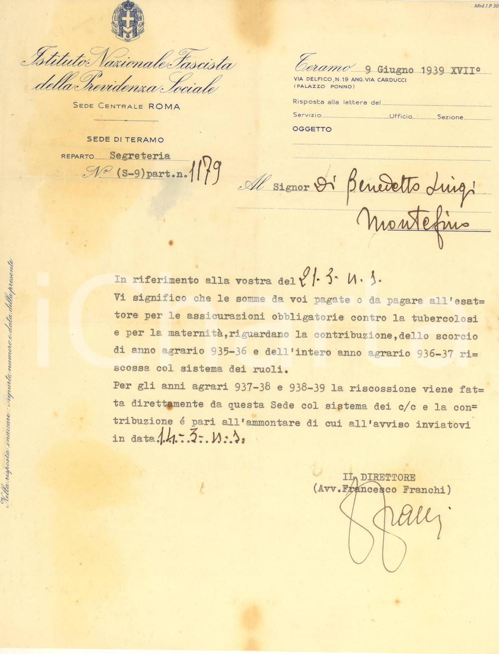 Documento originale, autentico 1939 INFPS MONTEFINO Lettera Luigi DI BENEDETTO Autografo Francesco FRANCHI 1