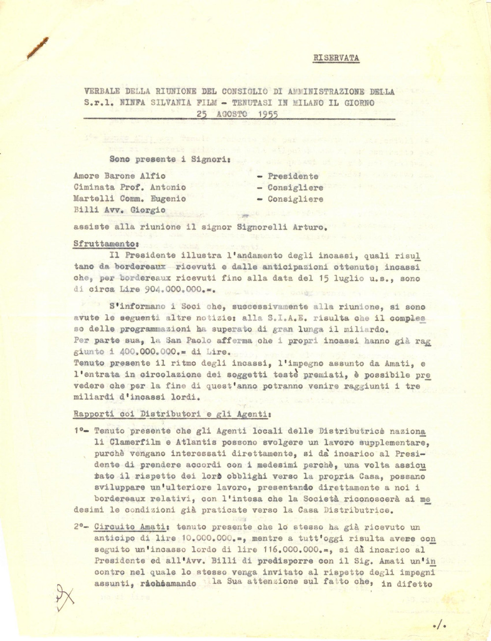 Documento originale, autentico 1955 MILANO Verbale CdA NINFA SILVANIA FILM su incassi e distribuzione 1