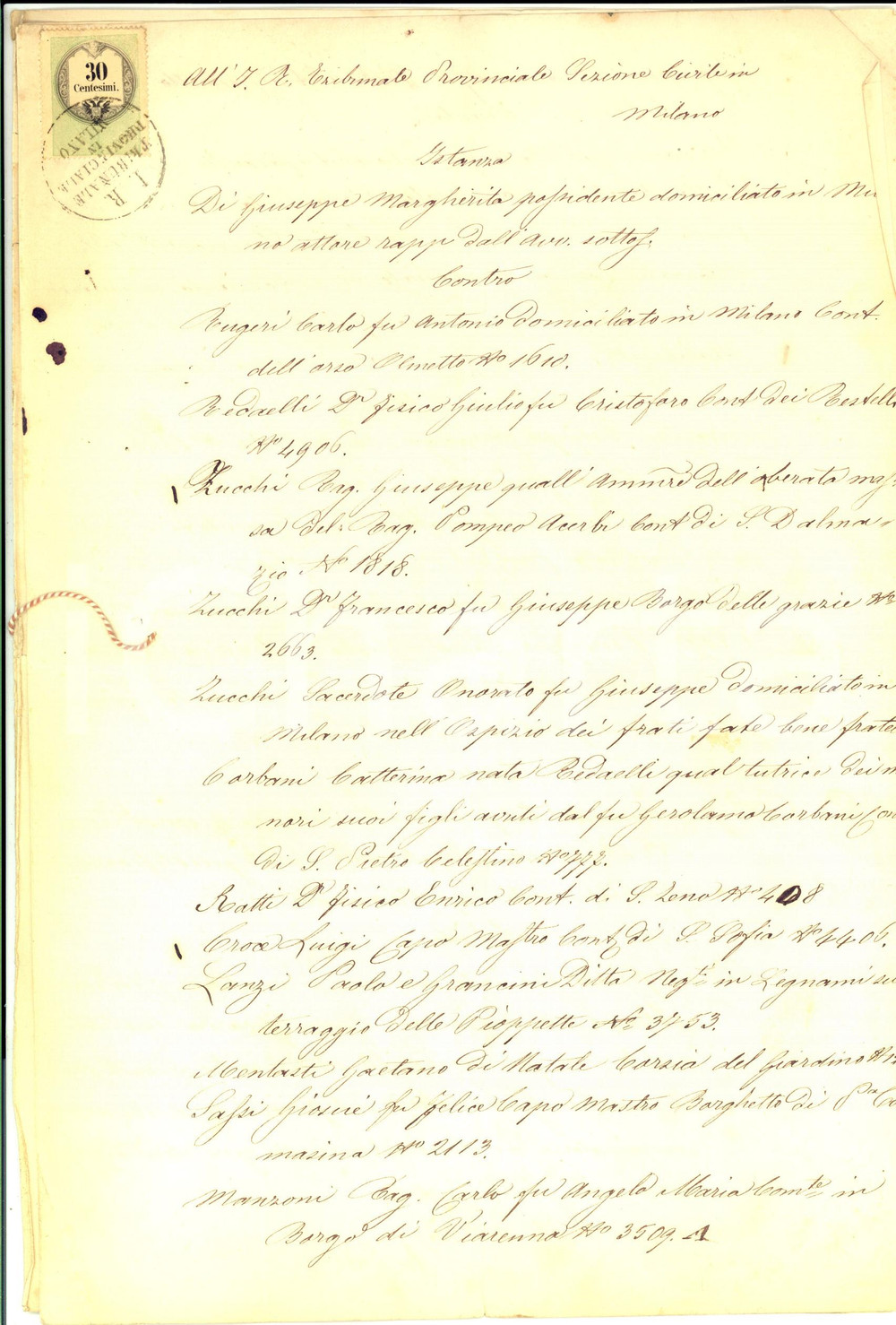 Documento originale, autentico 1866 MILANO Istanza di Giuseppe MARGHERITA contro i creditori *Manoscritto 1