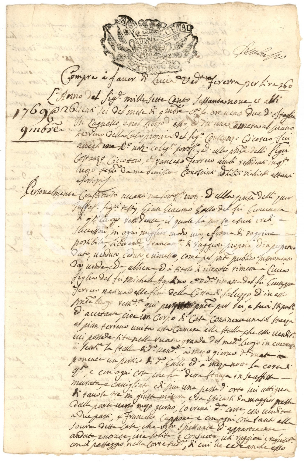 Documento originale, autentico 1769 LAGNASCO (CN) Giacomo GALLO vende casa con stalla alla vedova Lucia FERRERO 1