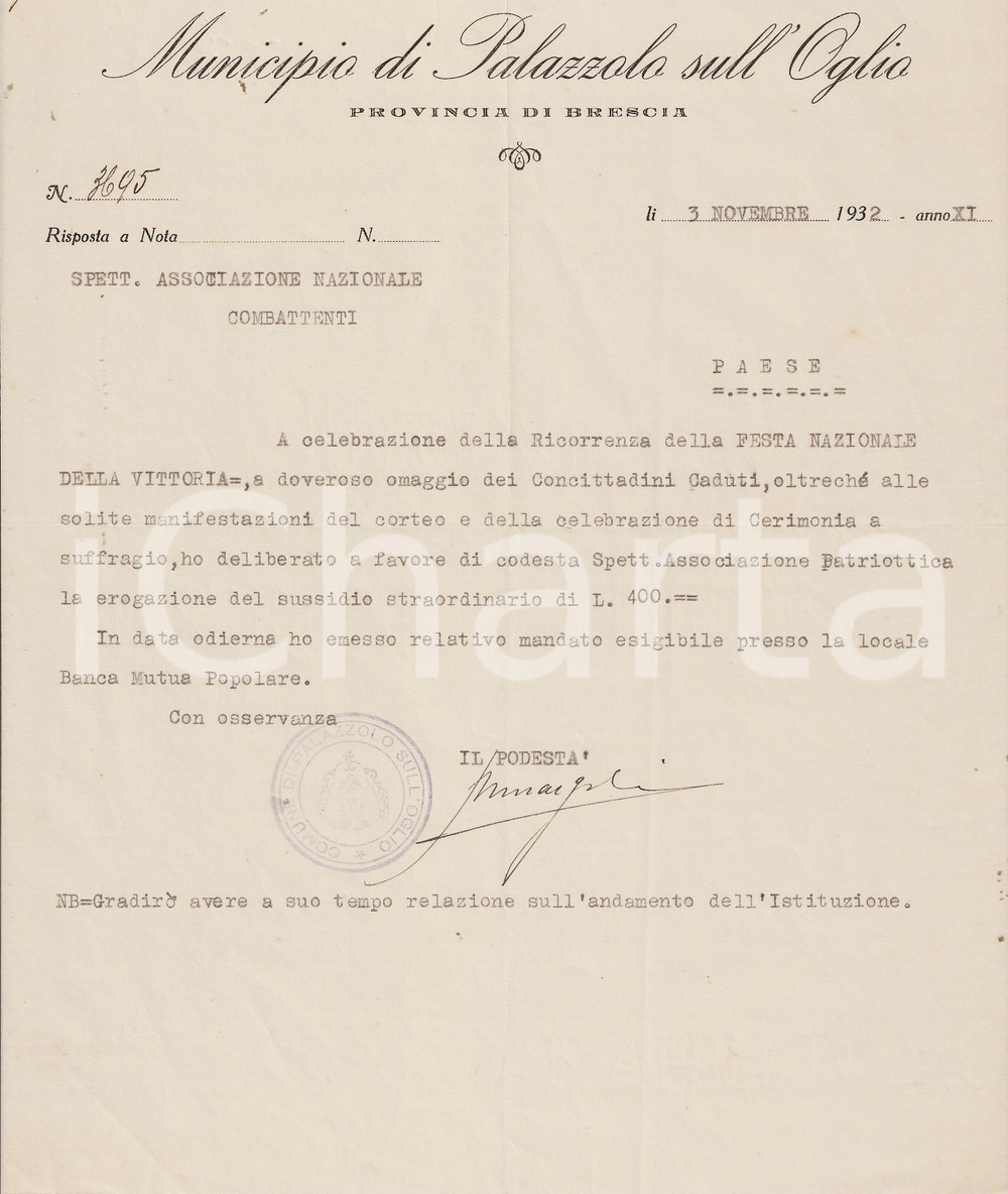 Documento originale, autentico 1932 Palazzolo Oglio - Festa Nazionale della Vittoria 1