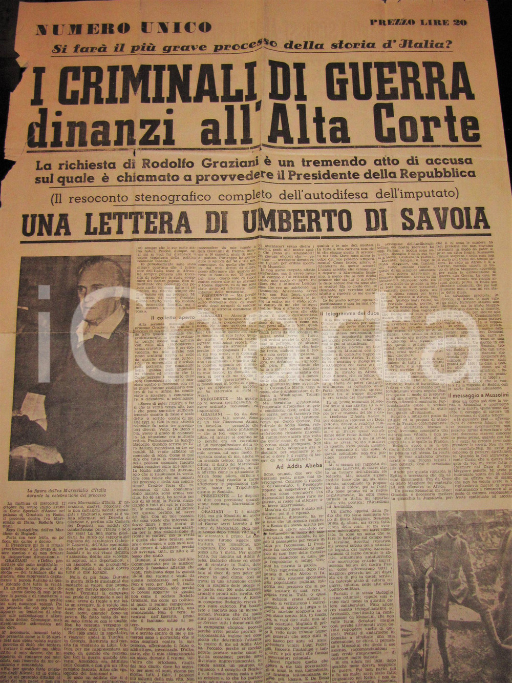 Giornale, rivista storica 1948 NUMERO UNICO Processo a Rodolfo GRAZIANI criminale di guerra DANNEGGIATO 1