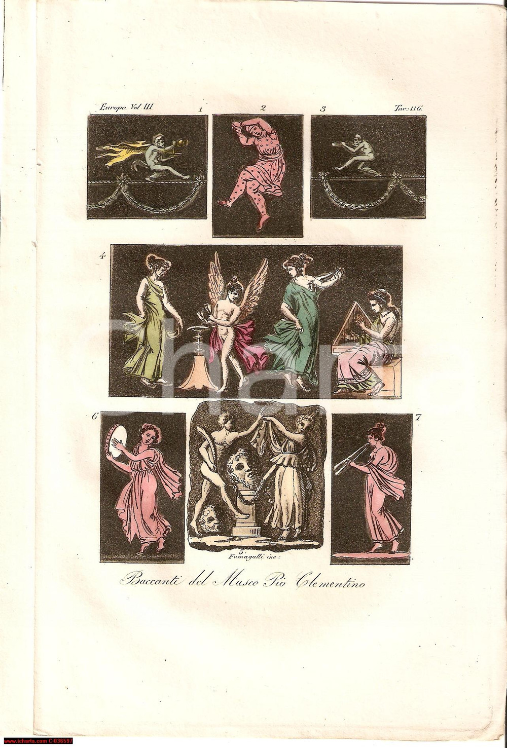 Stampa, bozzetto originale 1830 ca Baccanti del museo PIO CLEMENTINO *Incisore Paolo FUMAGALLI 1