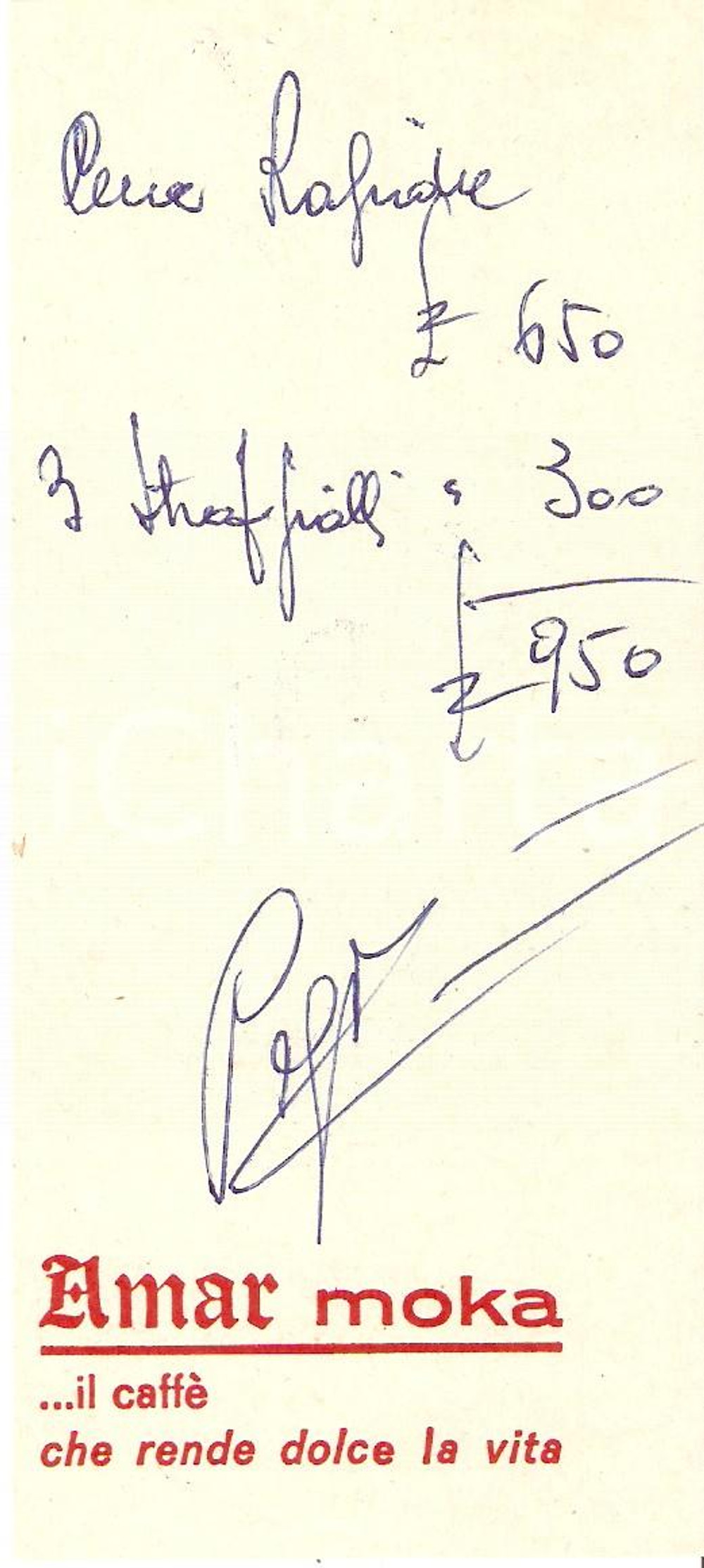 Materiale pubblicitario d’epoca 1965 ca AMAR MOKA CaffÃ¨ *Ricevuta pubblicitaria 6x14 cm 1