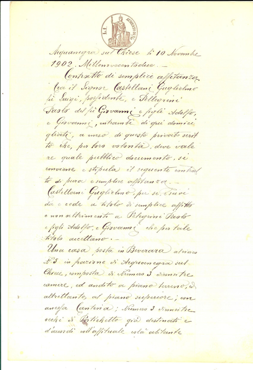 Documento originale, autentico 1902 BEVERARA (MN) Guglielmo CASTELLANI affitta casa a Paolo PELLEGRINI 1