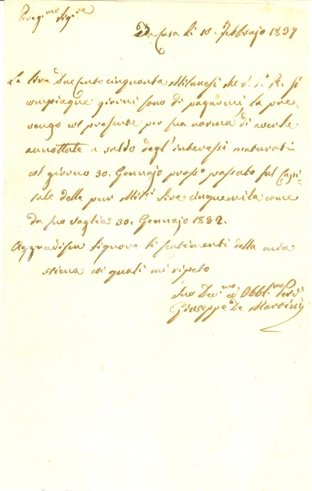 Documento originale, autentico 1837 BRESCIA Giuseppe DE MARTINIS riceve denaro da Pietro BORGHETTI *Lettera 1