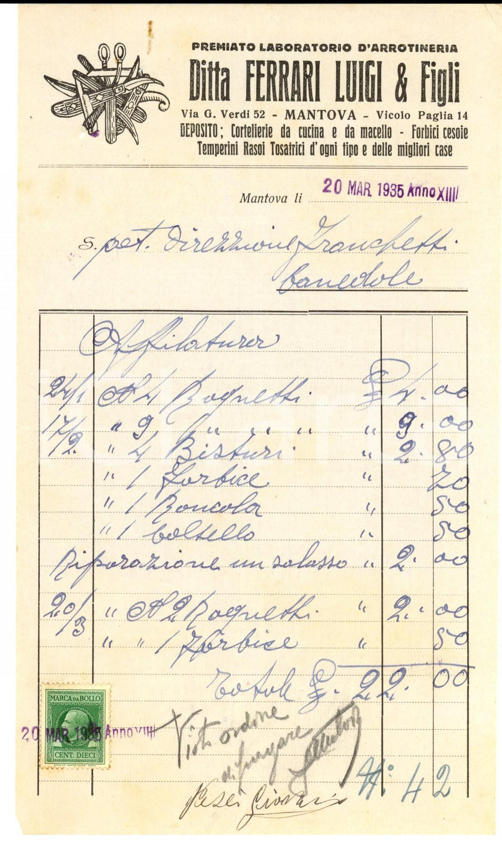 Documento originale, autentico 1935 MANTOVA Ditta Luigi FERRARI & Figli - coltelli e forbici *Fattura intestata 1