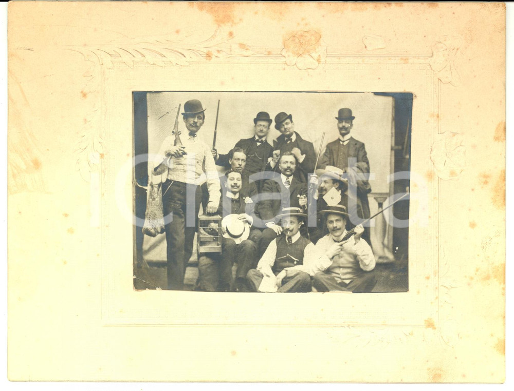 Fotografia d'epoca originale 1910 ca BRESCIA (?) CACCIA ALLA PIUMA Gruppo di cacciatori con le carabine *Foto 1