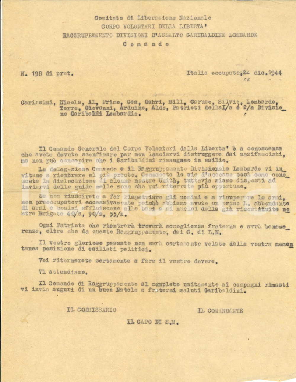 Documento originale, autentico 1944 WW2 ITALIA OCCUPATA Lettera CLN LOMBARDIA per ordine rientro Garibaldini 1