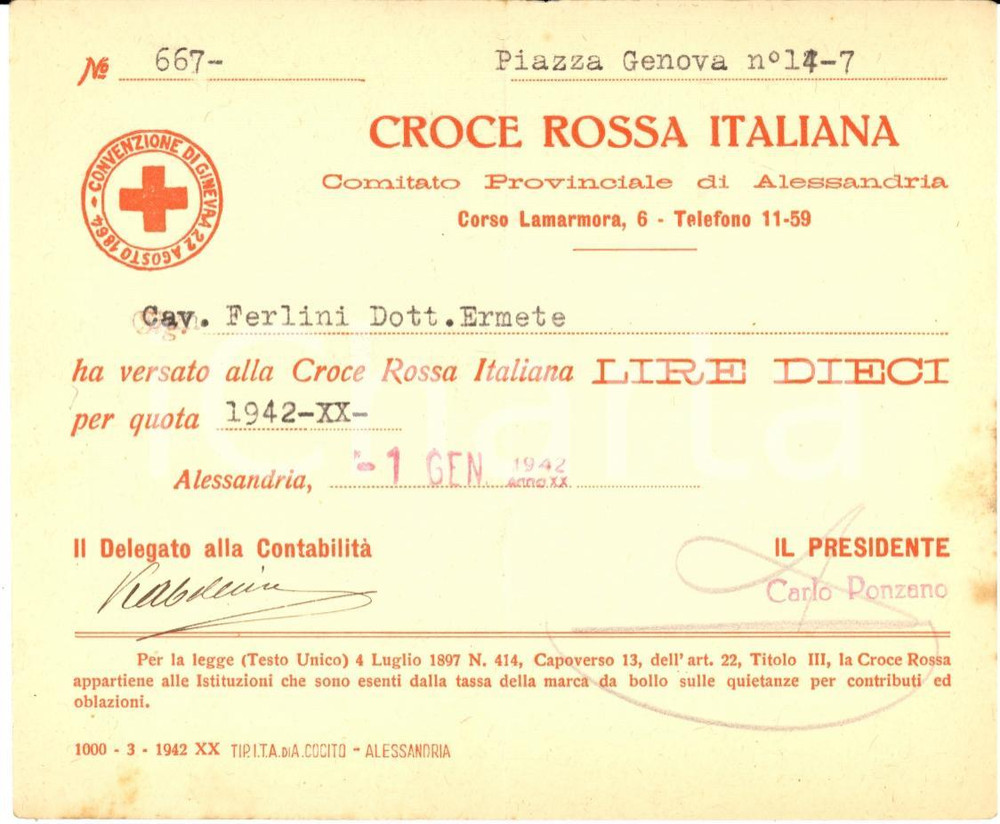 Documento originale, autentico 1942 WW2 ALESSANDRIA CROCE ROSSA ITALIANA Ricevuta per quota Ermete FERLINI 1